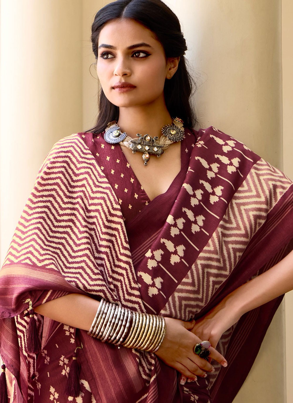 Maroon Silk Contemporary Saree Printed S17075