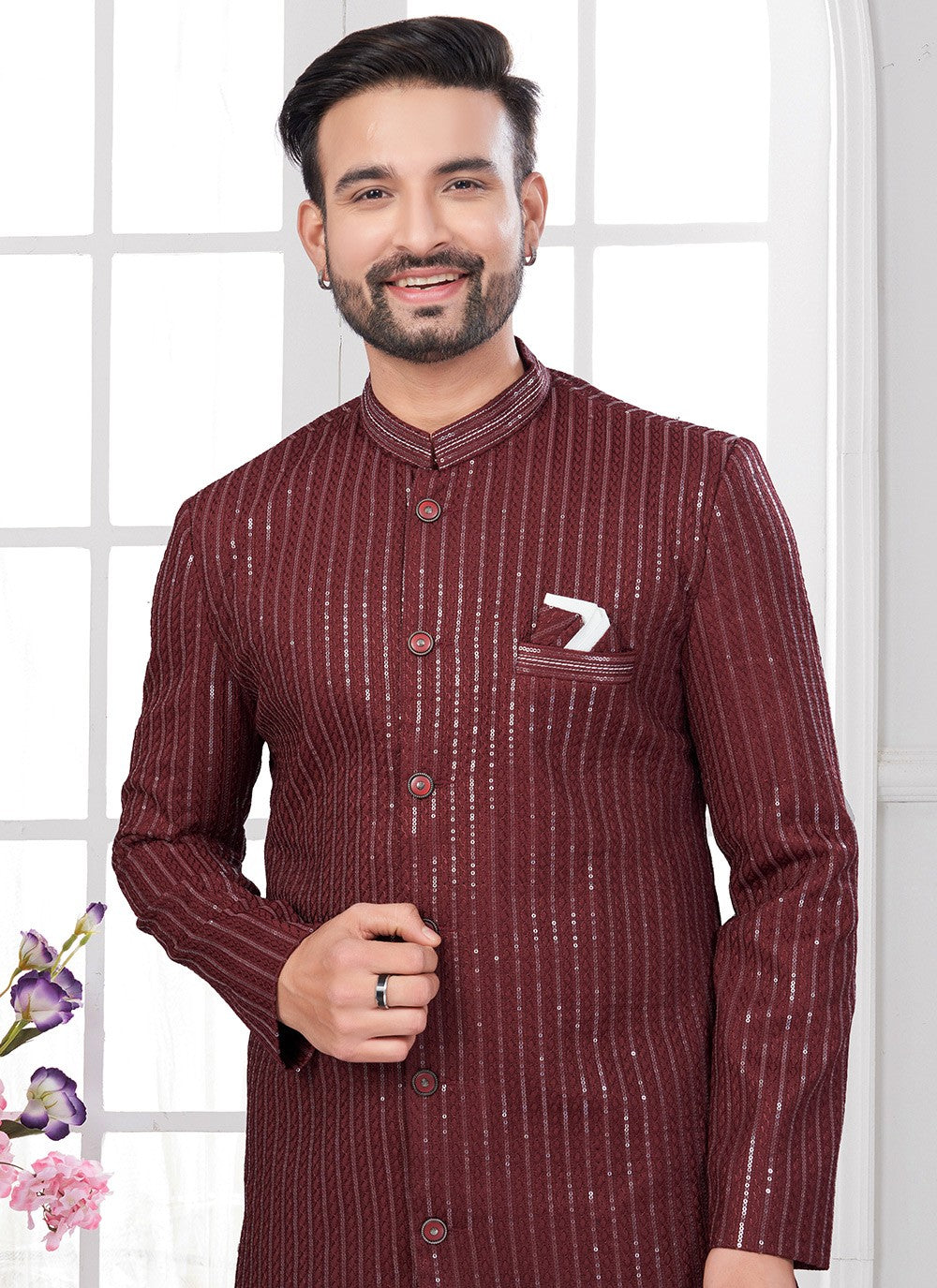 Machine Embroidery Imported, Silk Maroon Sherwani - M8613