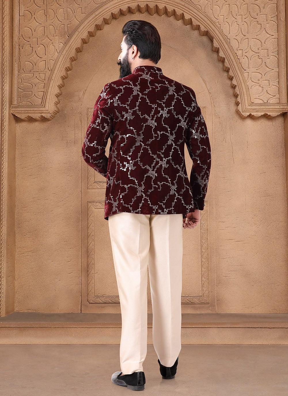 Embroidered Velvet Maroon Jodhpuri Suit - M7626