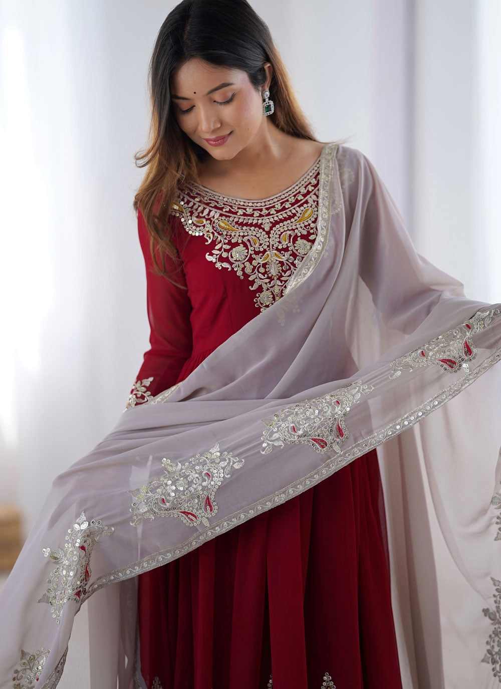 Anarkali Embroidered, Multi Work, Sequins, Thread, Zari Maroon T7575