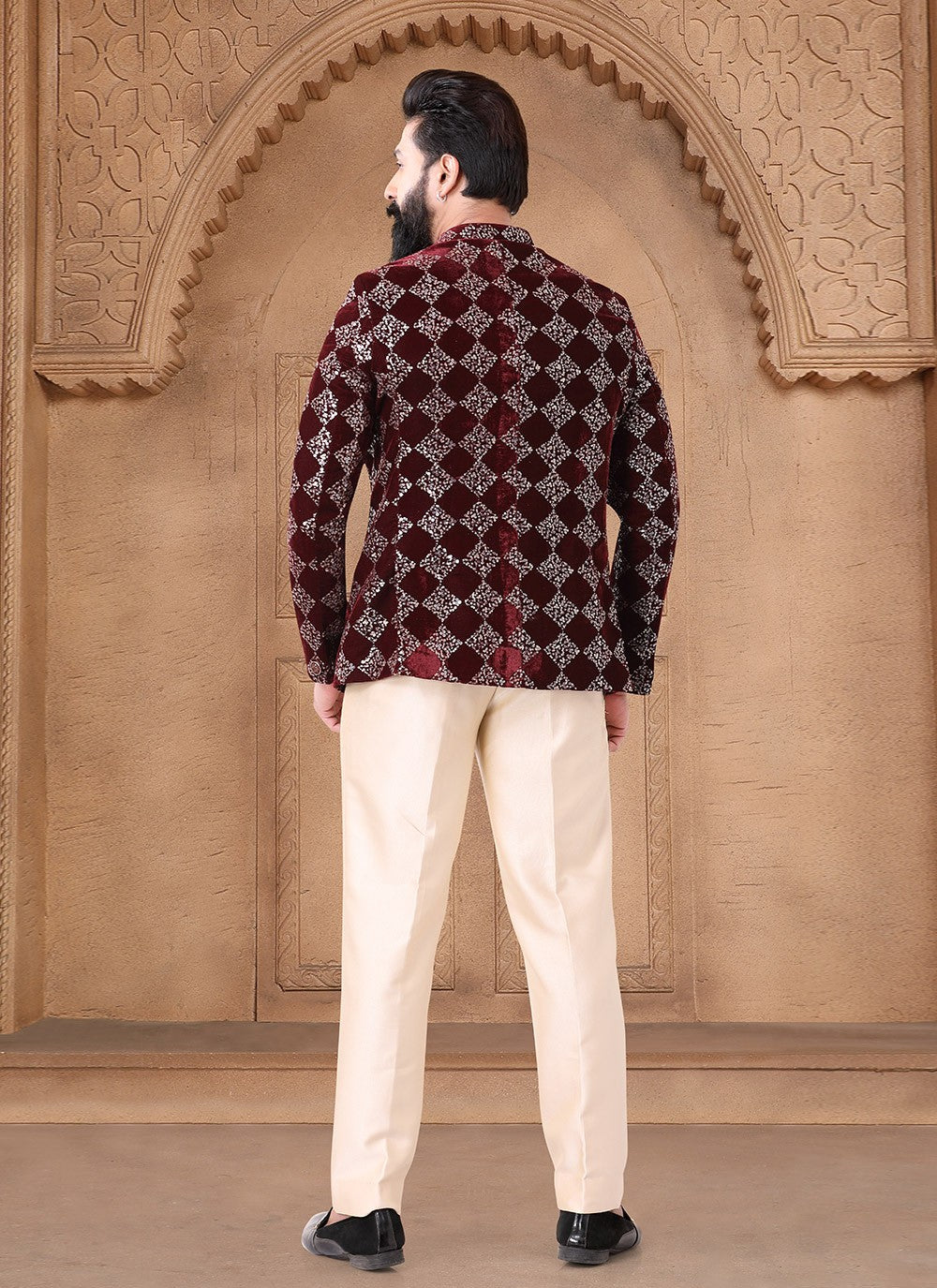 Embroidered Velvet Maroon Jodhpuri Suit - M7625