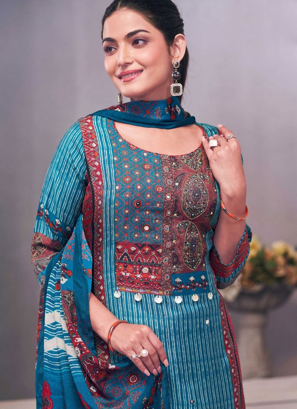 Pant Style Suit Fancy Work, Hand Embroidery, Printed Blue T7122