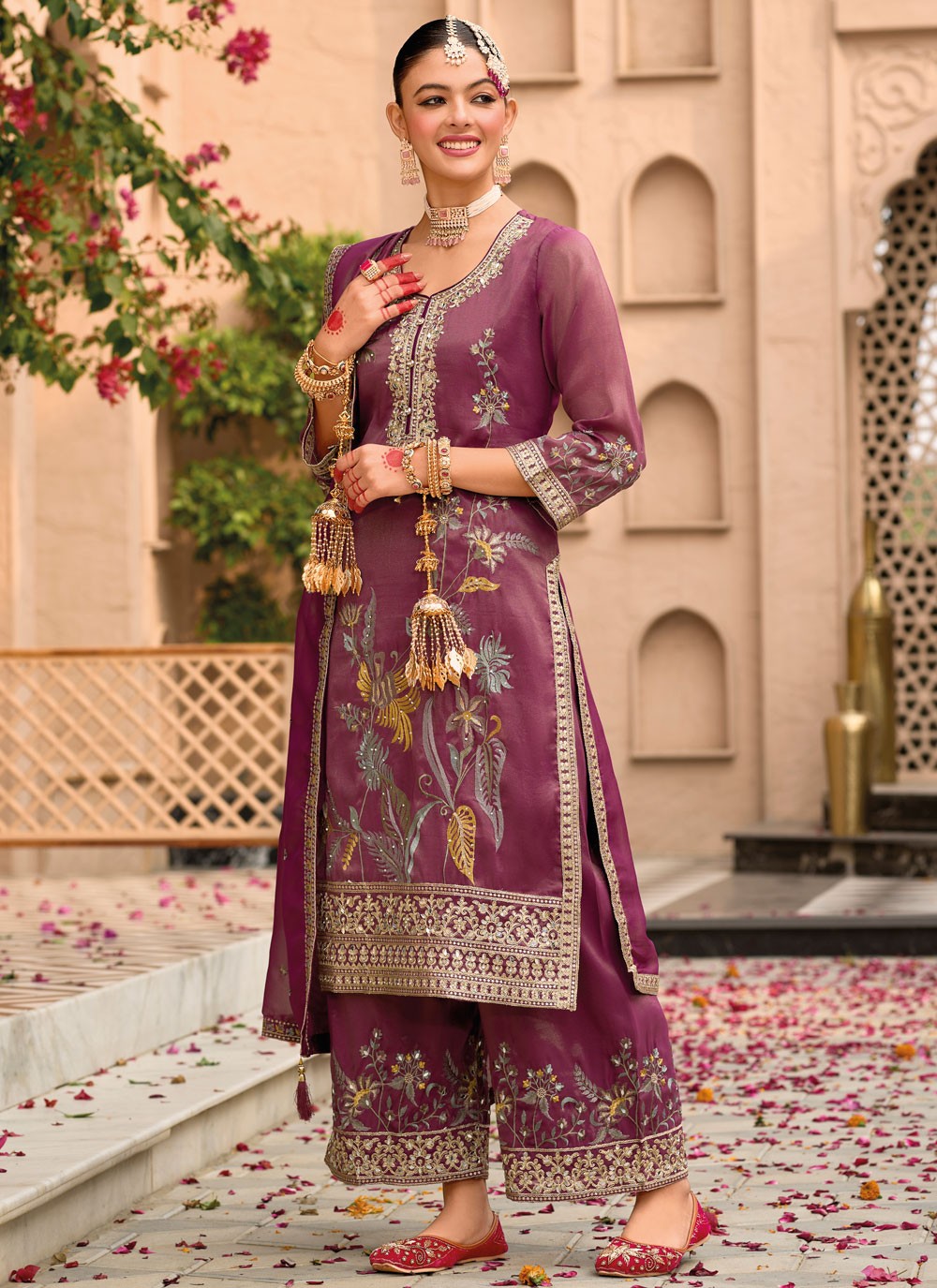 Palazzo Suit Embroidered Mauve Shimmer T5213