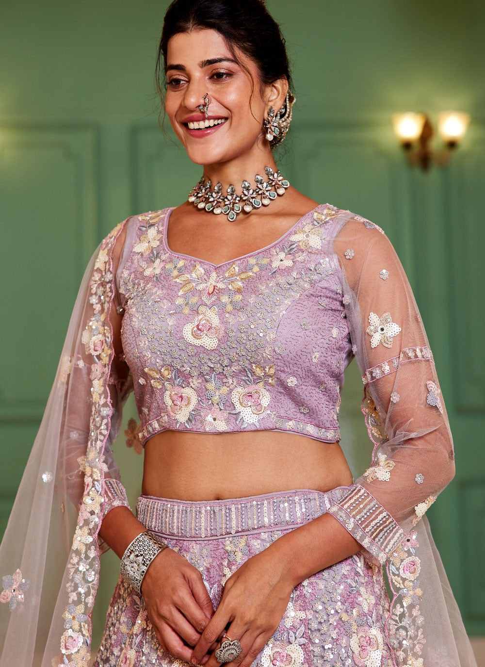 Embroidered Satin Mauve Lehenga - L3358
