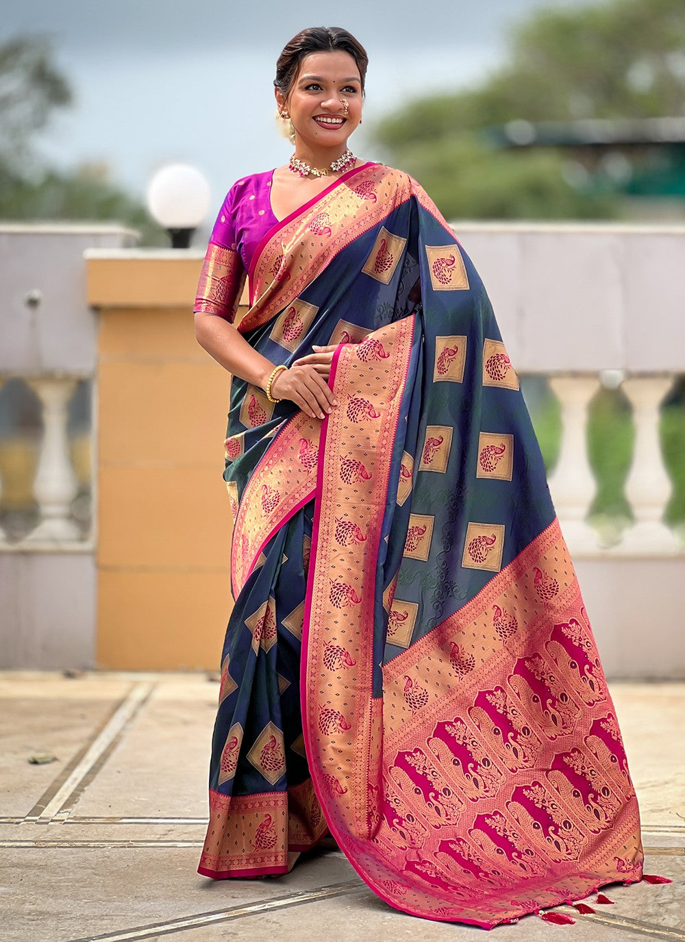Morpeach Banarasi Silk Contemporary Saree Meenakari S18779