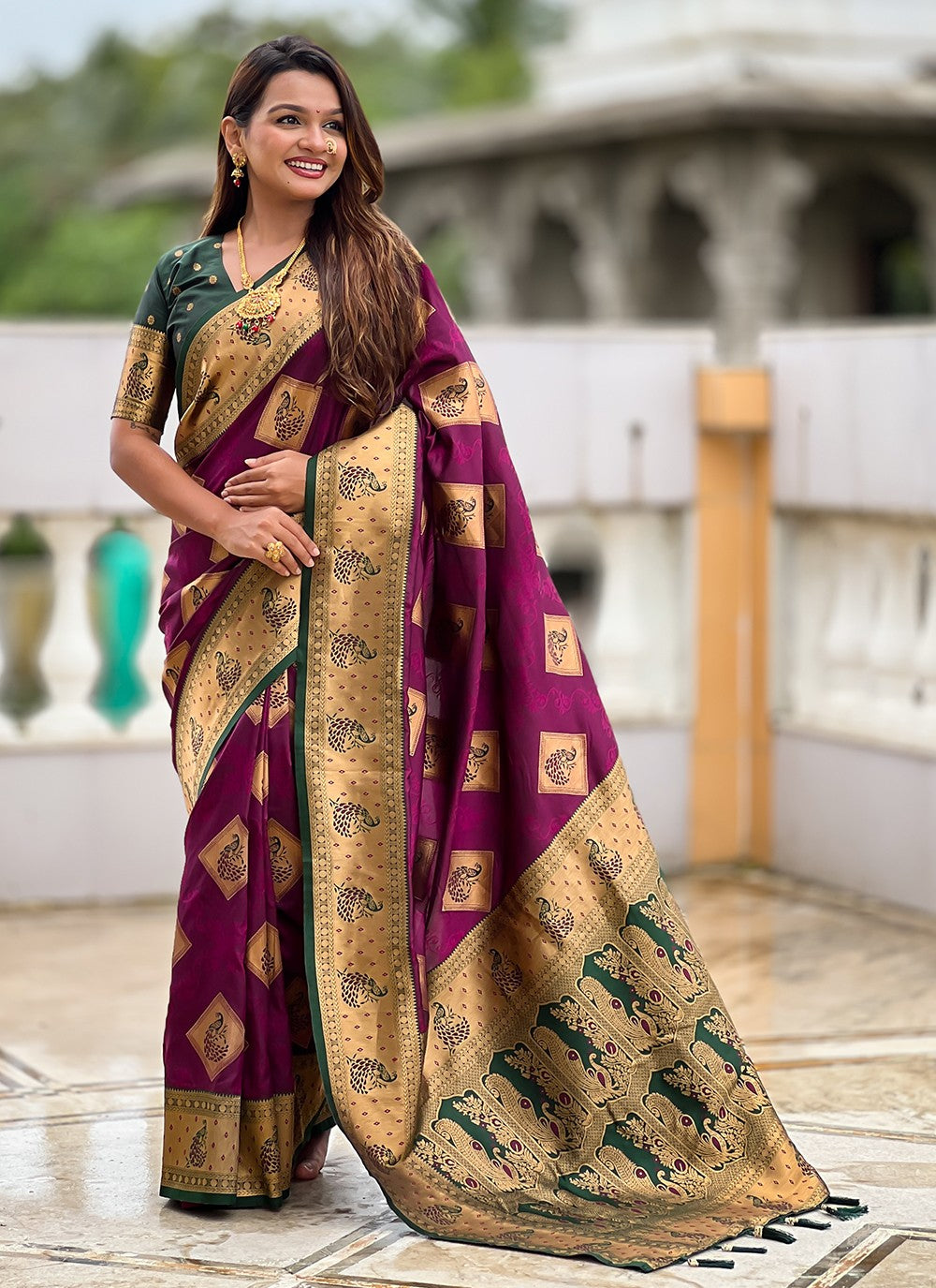 Wine Banarasi Silk Classic Saree Meenakari S18783