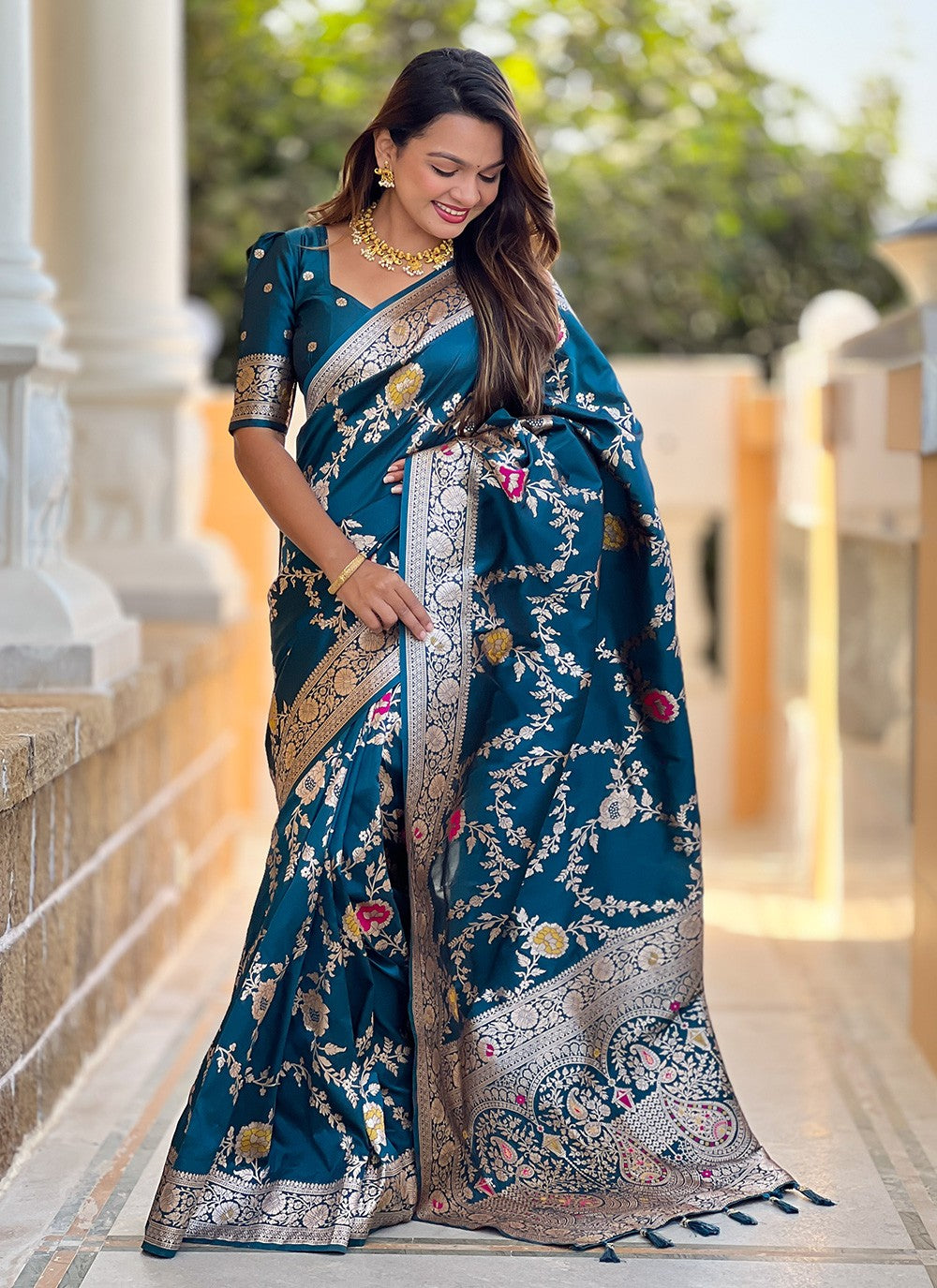 Teal Banarasi Silk Classic Saree Meenakari S16325