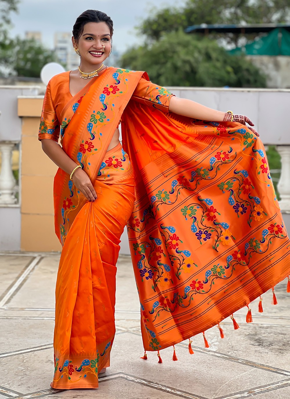 Orange Silk Trendy Saree Jacquard Work, Meenakari S19950