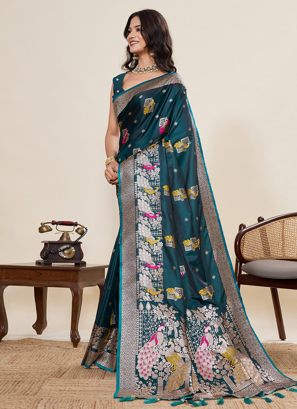 Teal Satin Silk Trendy Saree Meenakari, Woven S19533
