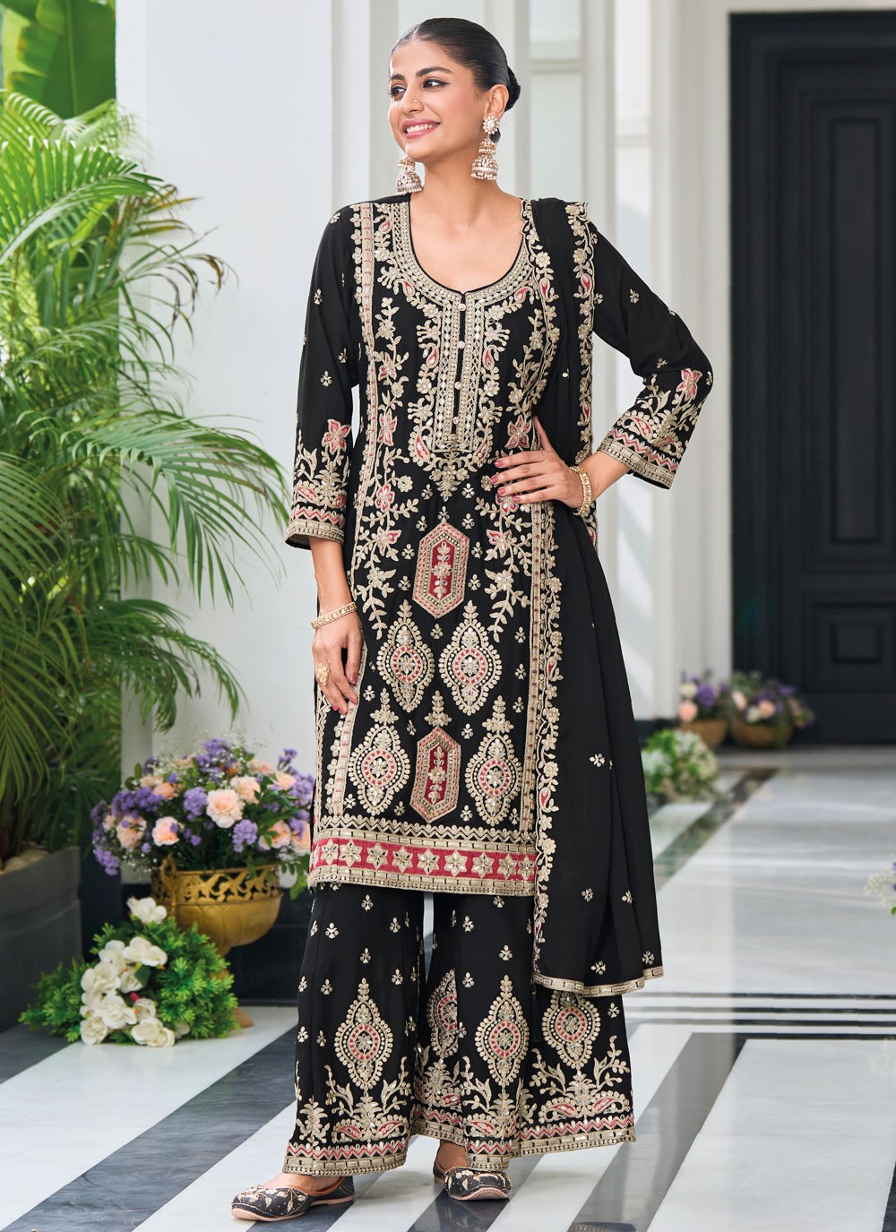 Salwar Suit Embroidered Black Chinon T5386