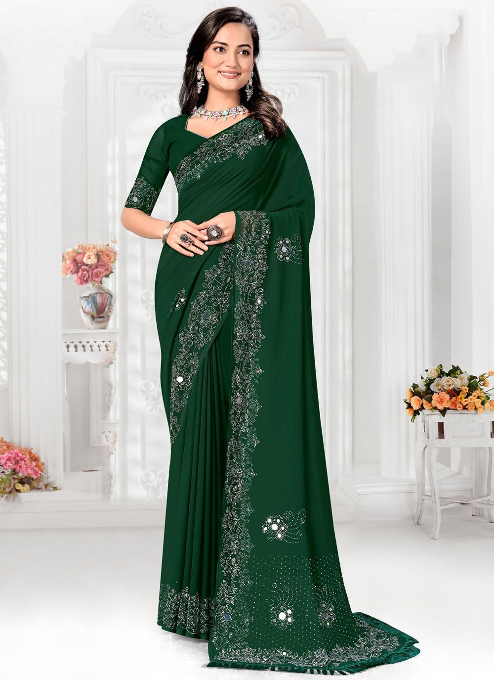 Trendy Saree Mirror Green Chinon Saree S13033