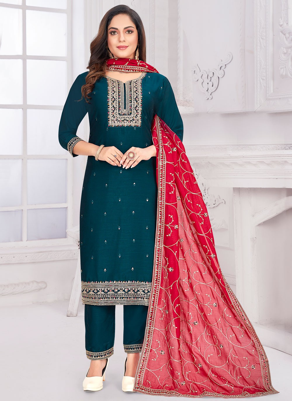 Salwar Suit Embroidered Morpeach, Teal Vichitra Silk T5762