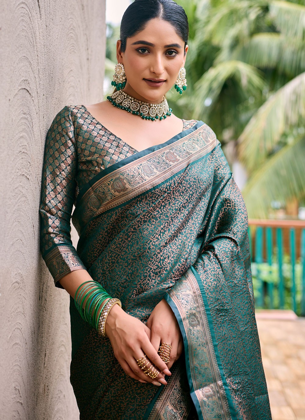 Traditional Woven Morpeach, Teal Kanjivaram Silk Saree S12530