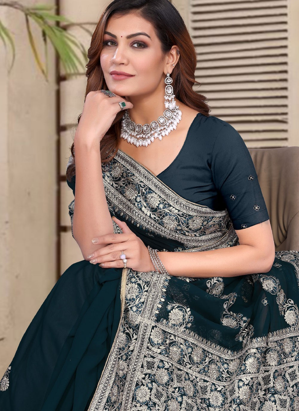 Embroidered Georgette Morpeach Traditional Saree S14960