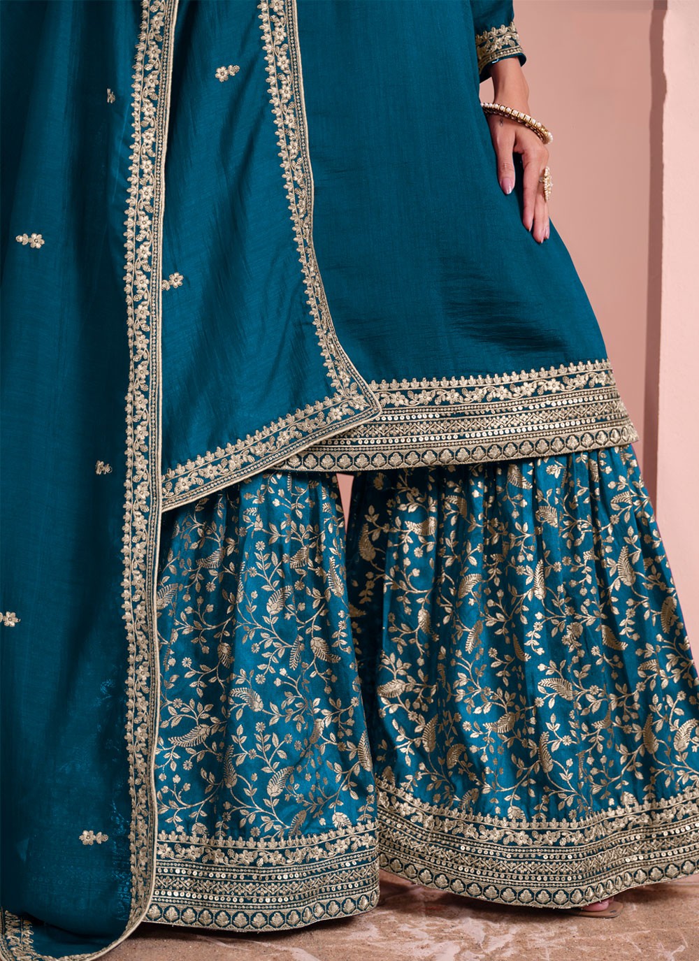 Embroidered Art Silk Morpeach Salwar Suit T5994