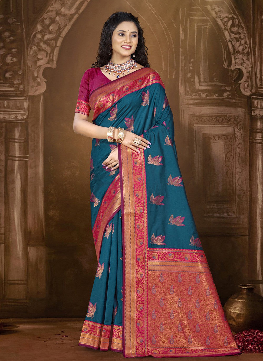 Contemporary Weaving Zari Silk Teal Saree - S11135