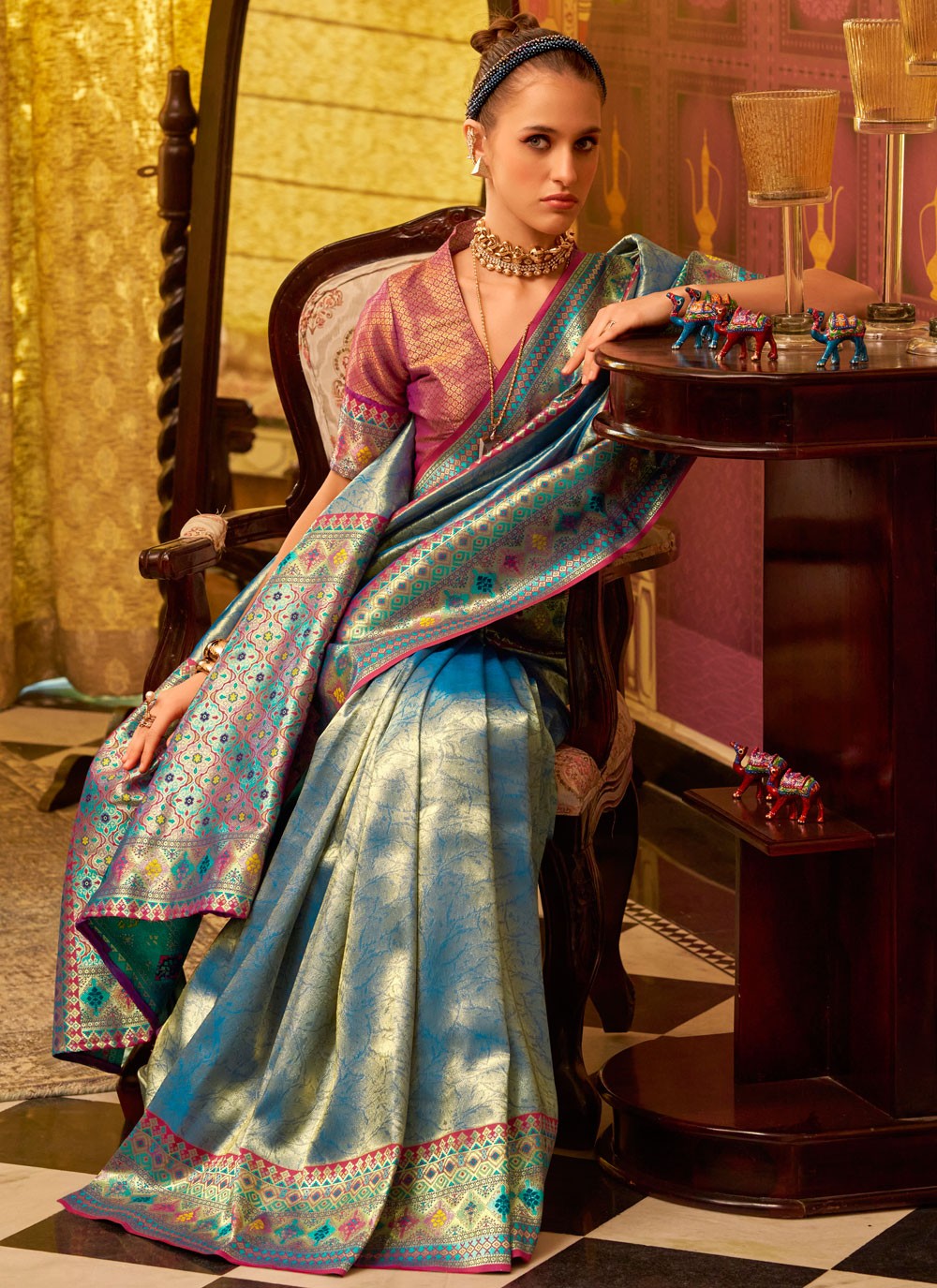 Weaving Zari Silk Morpeach Saree S14624