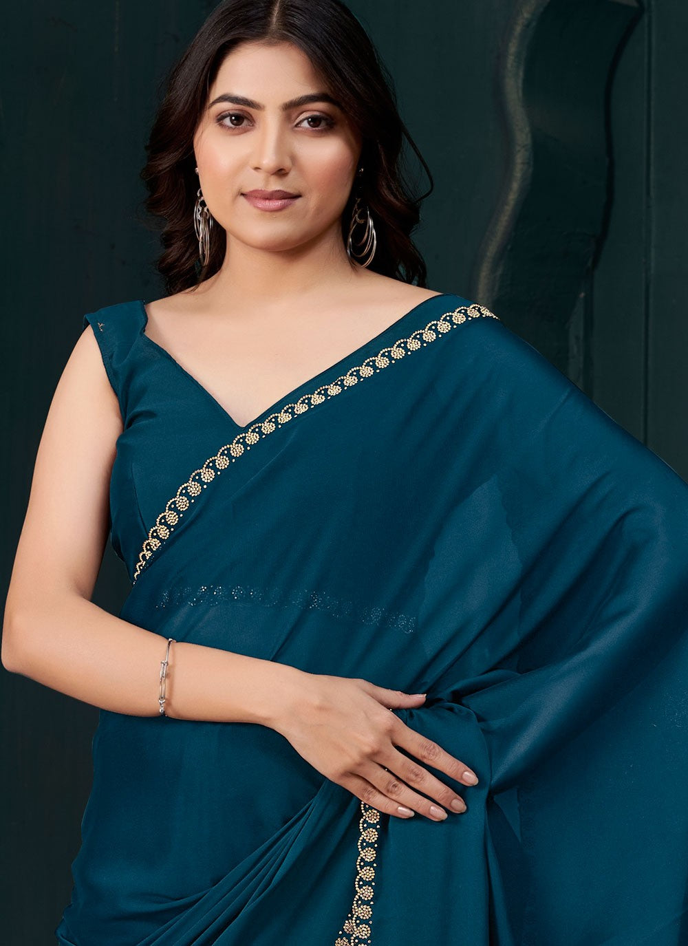 Swarovski Crepe Silk Morpeach Trendy Saree S14891