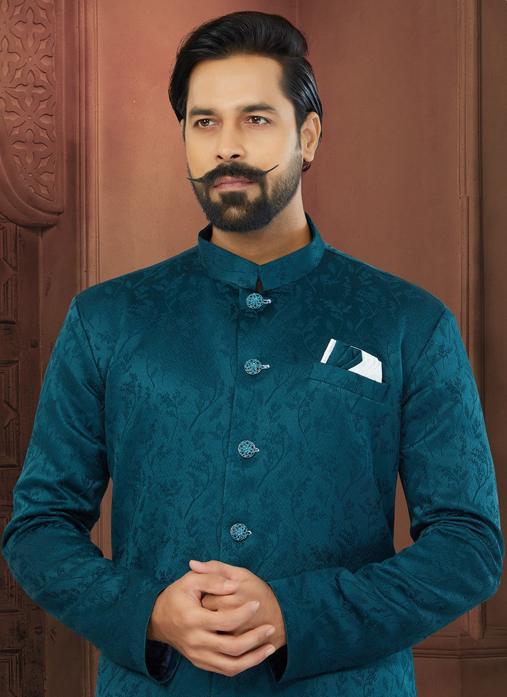 Fancy Work Jacquard Morpeach Indo Western Sherwani - M5798