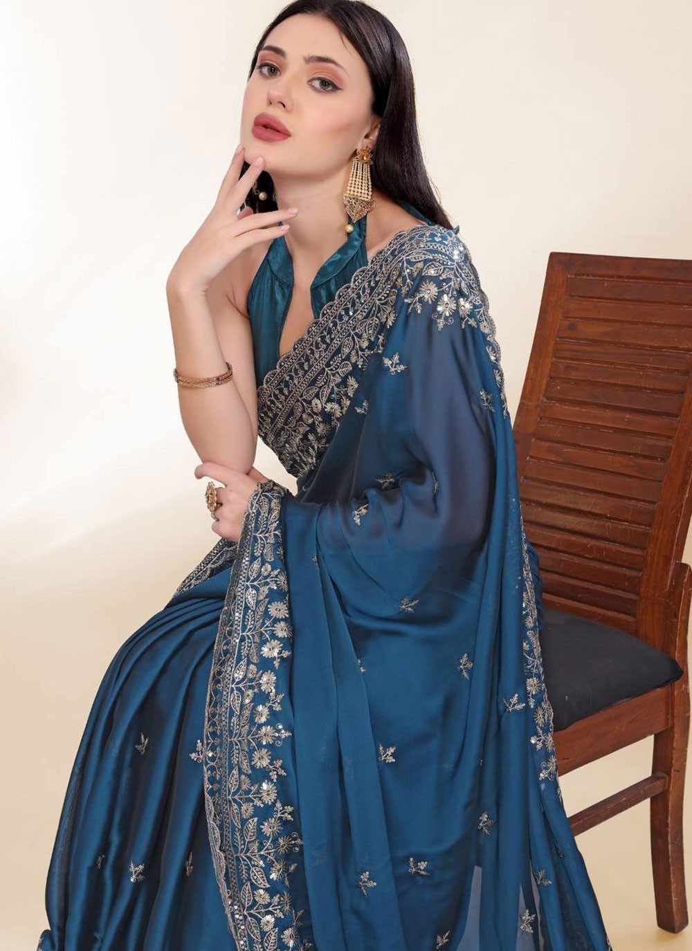 Designer Embroidered Morpeach Chinon Saree S13673