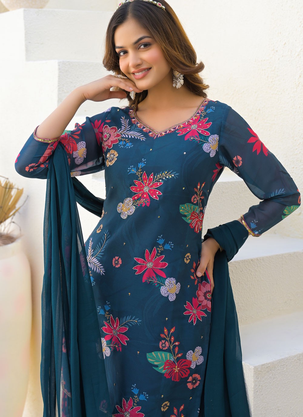 Sharara Suit Digital Print, Sequins, Zari Morpeach T7132