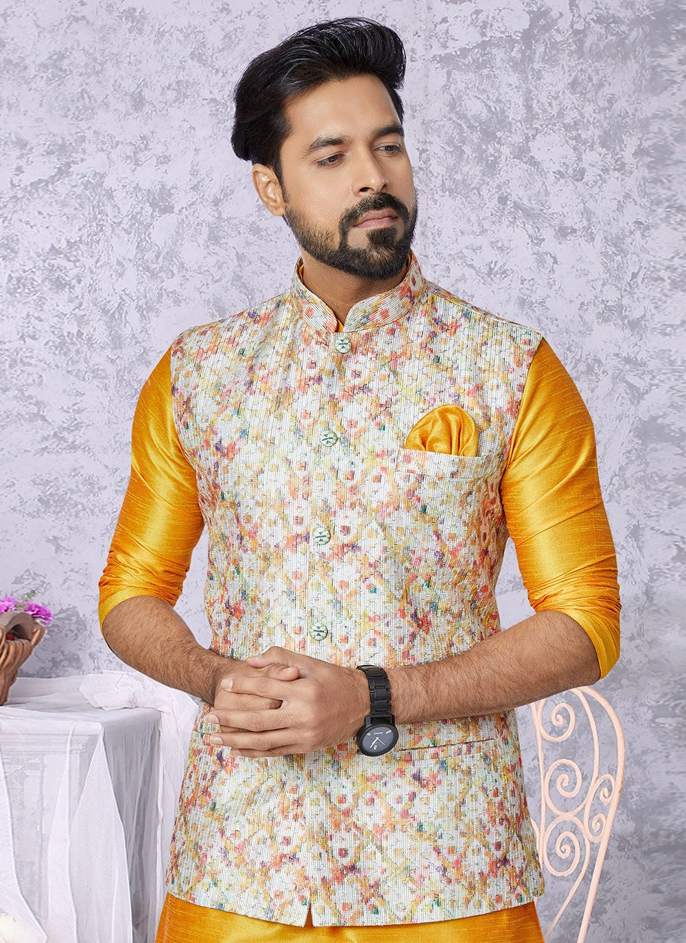 Embroidered Banarasi Silk, Polyester Multi Colour, Mustard Kurta Payjama With Jacket - M5550