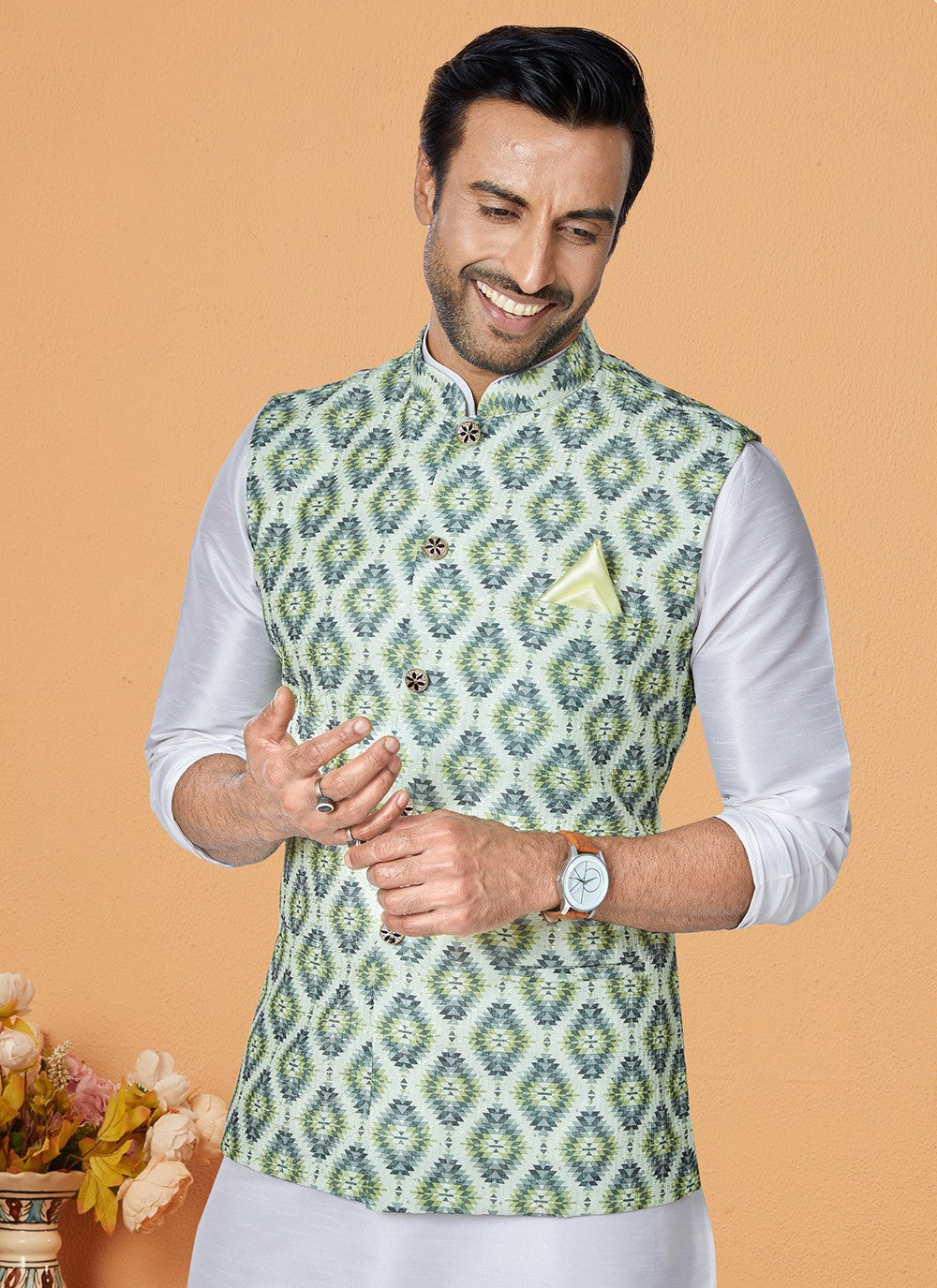 Embroidered Banarasi Silk, Polyester Multi Colour, Off White Kurta Payjama With Jacket - M5544