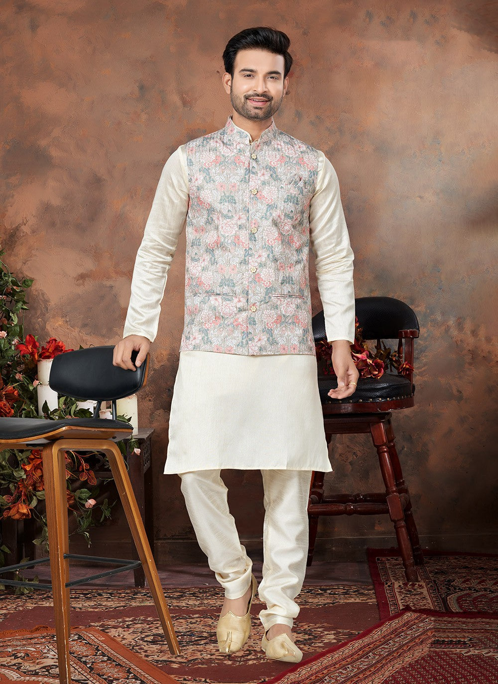 Digital Print Cotton Silk Multi Colour, Off White Kurta Payjama With Jacket - M6503