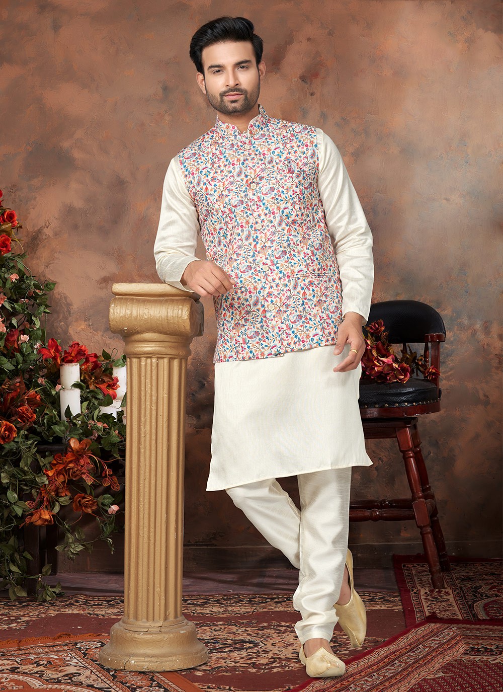 Digital Print Cotton Silk Multi Colour, Off White Kurta Payjama With Jacket - M6498
