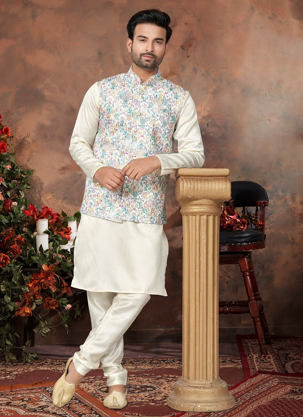 Digital Print Cotton Silk Multi Colour, Off White Kurta Payjama With Jacket - M6497