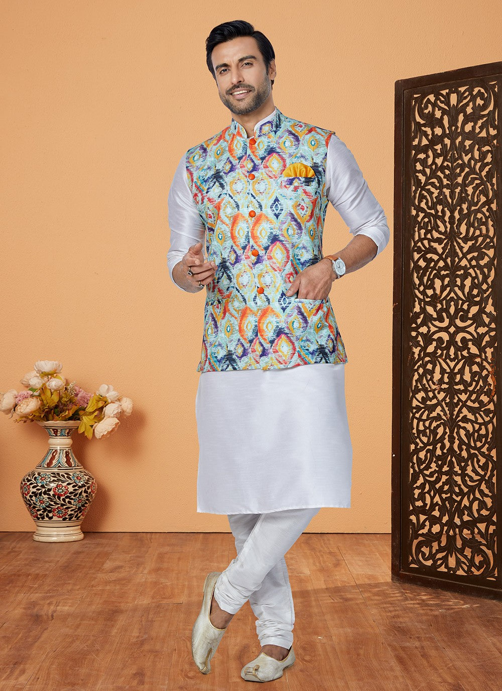 Embroidered Banarasi Silk, Polyester Multi Colour, Off White Kurta Payjama With Jacket - M5546