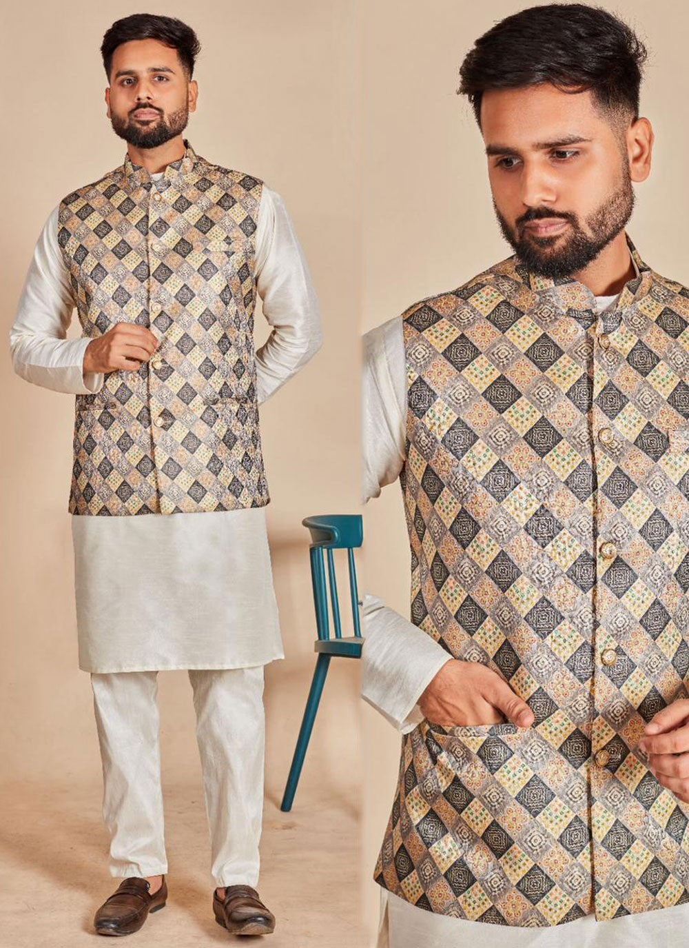 Plain Silk Multi Colour, Off White Kurta Payjama With Jacket - M6861