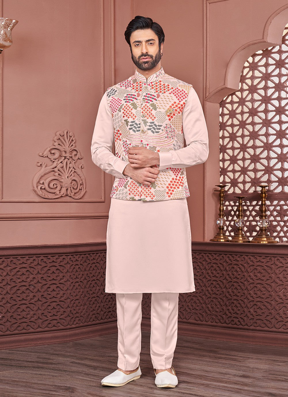 Embroidered Banarasi Silk Multi Colour, Peach Kurta Payjama With Jacket - M6329