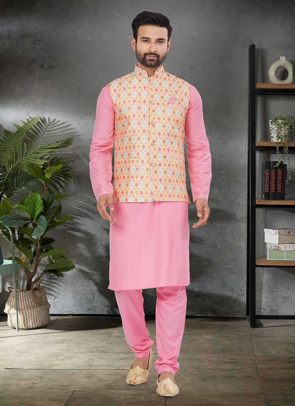 Digital Print Cotton , Silk Multi Colour, Pink Kurta Payjama With Jacket - M6477