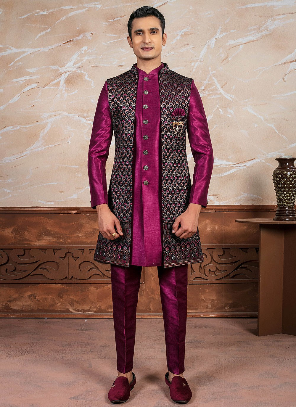 Embroidered Silk Multi Colour, Wine Sherwani - M8317