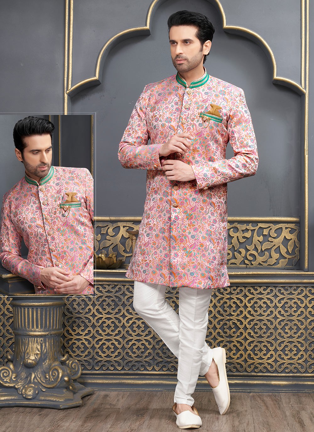 Fancy Work Brocade, Jacquard Silk Multi Colour Indo Western - M6474