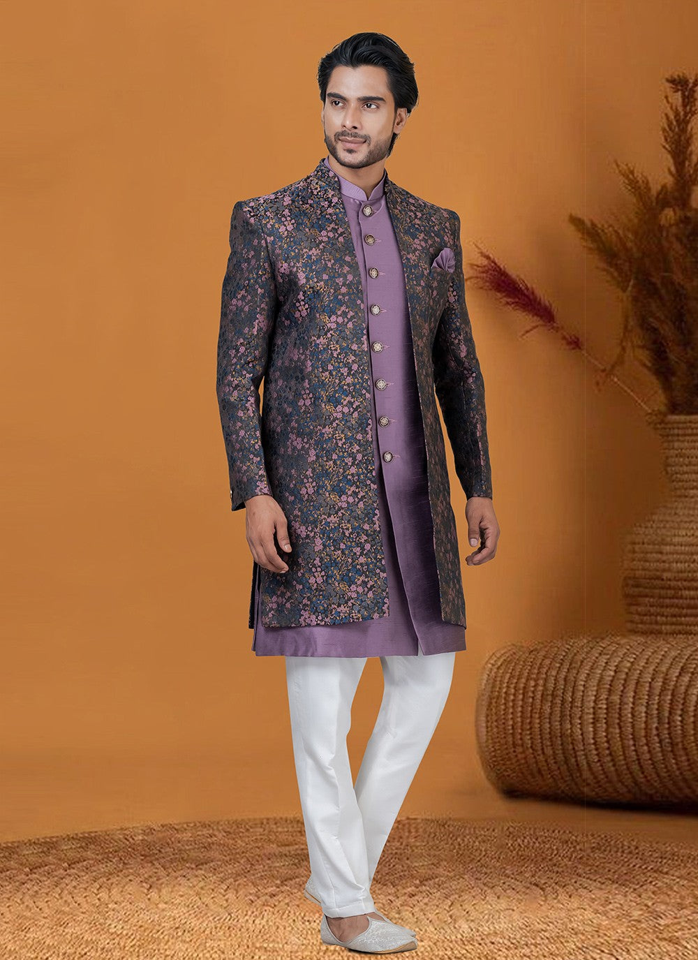 Jacquard Work Jacquard Silk Multi Colour Indo Western - M8373