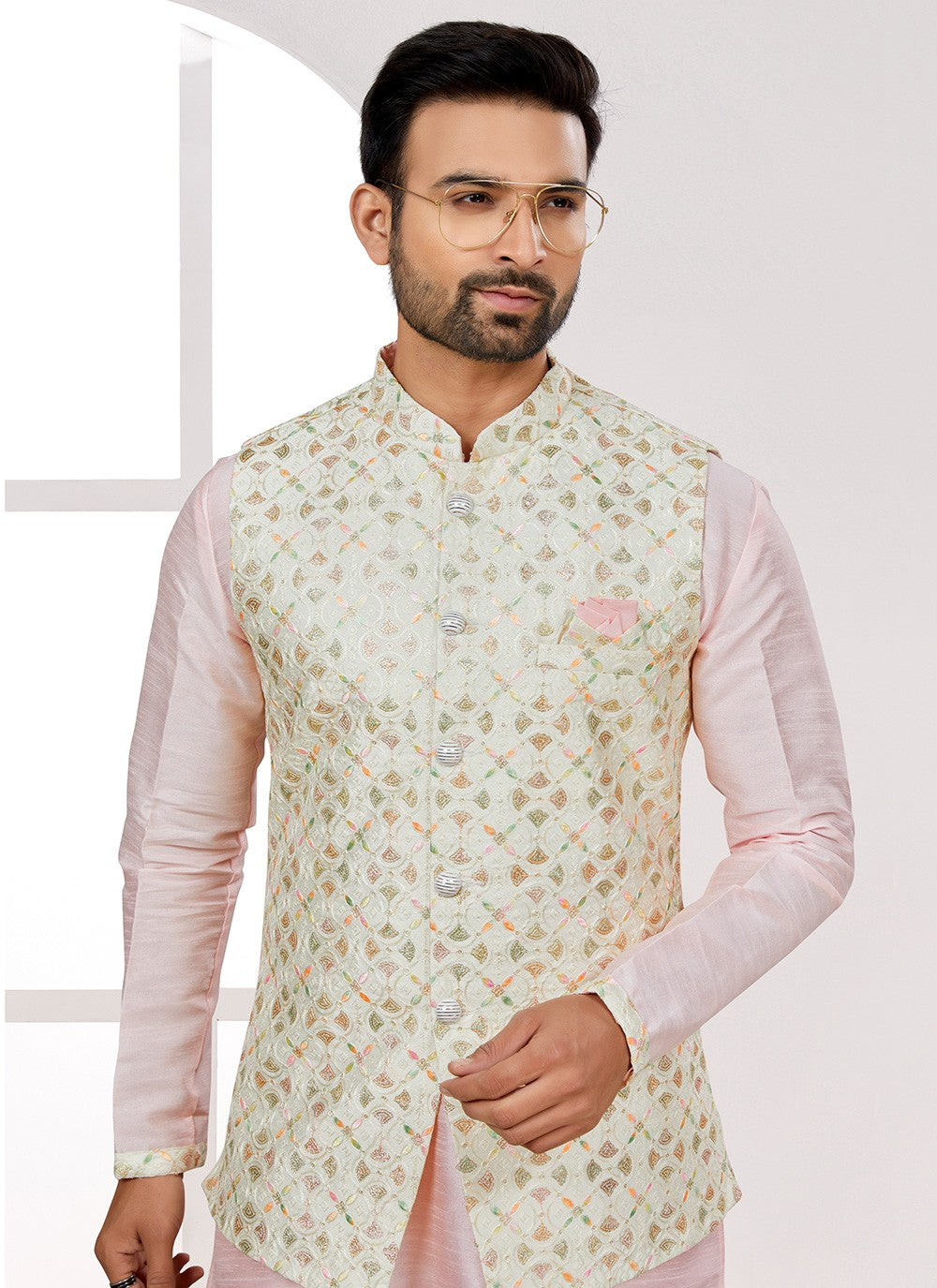 Thread Jacquard Multi Colour Kurta Payjama With Jacket - M6711