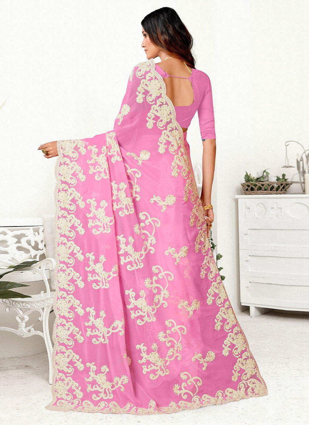 Classic Border Work Net Saree - S2916