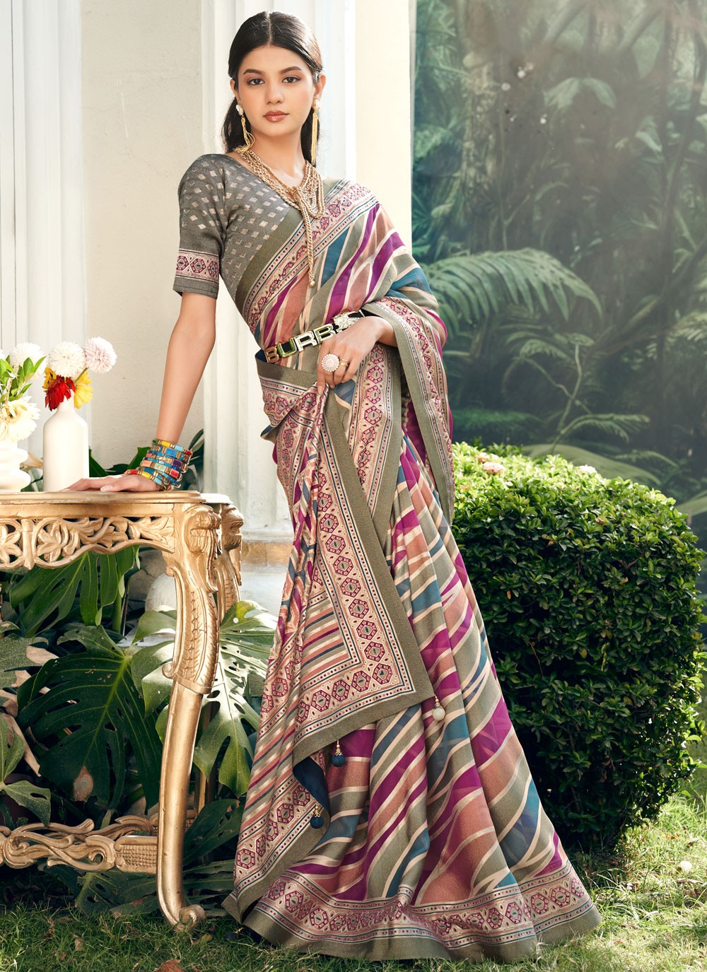 Classic Saree Strips Multi Colour Georgette Saree S12768