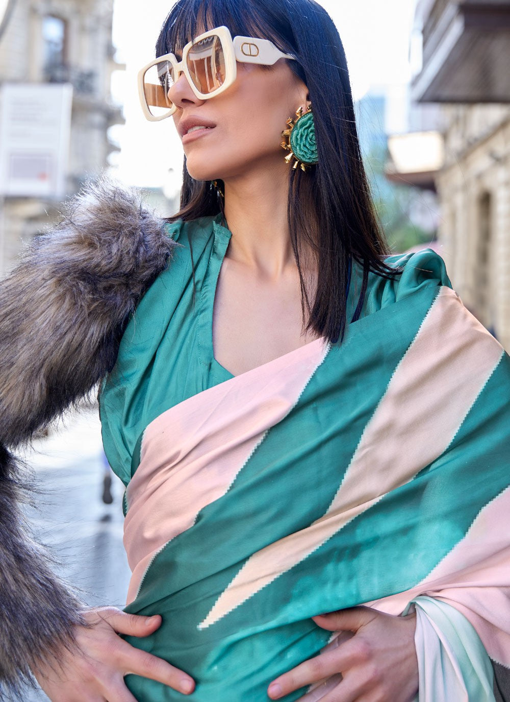 Classic Digital Print Faux Crepe, Satin Saree - S4169
