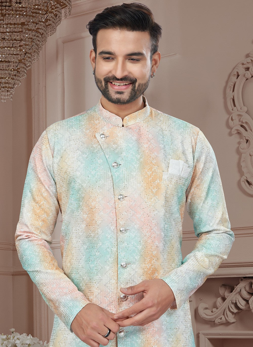 Buttons Imported, Silk Multi Colour Indo Western Sherwani - M8603