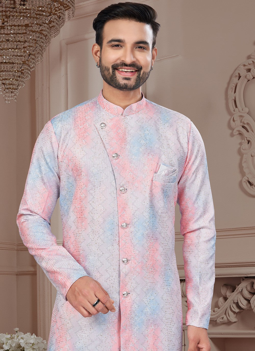 Buttons Imported, Silk Multi Colour Indo Western Sherwani - M8604