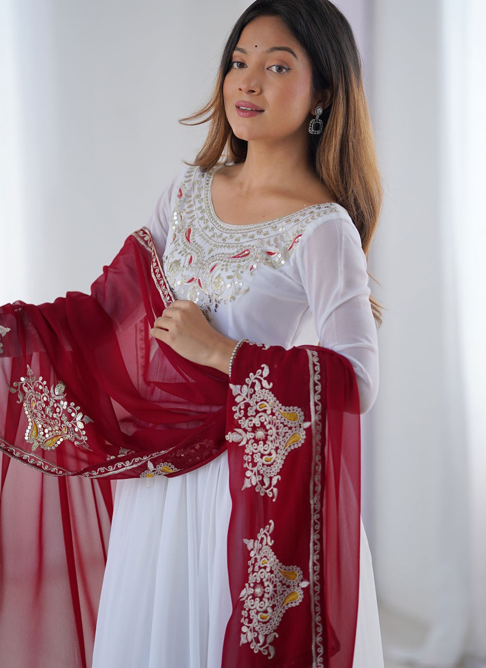 Anarkali Embroidered, Multi Work, Sequins, Thread, Zari White T7578