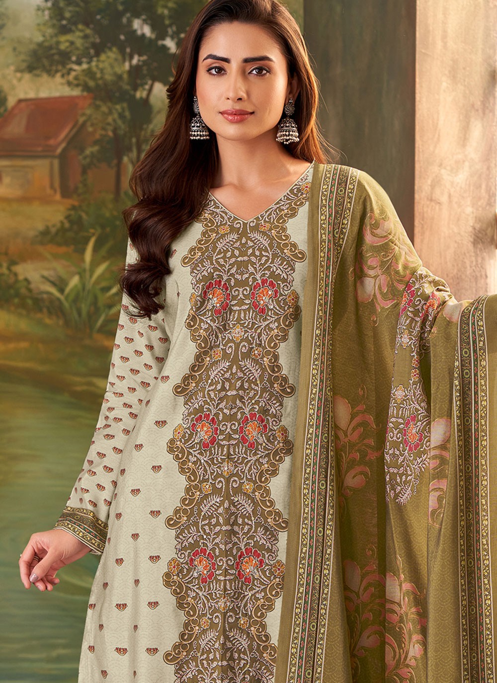 Digital Print Muslin Grey Pant Style Suit T6319