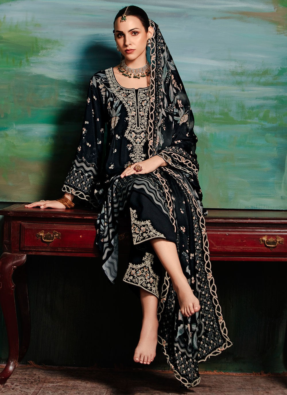 Salwar Suit Digital Print Black Muslin T5786