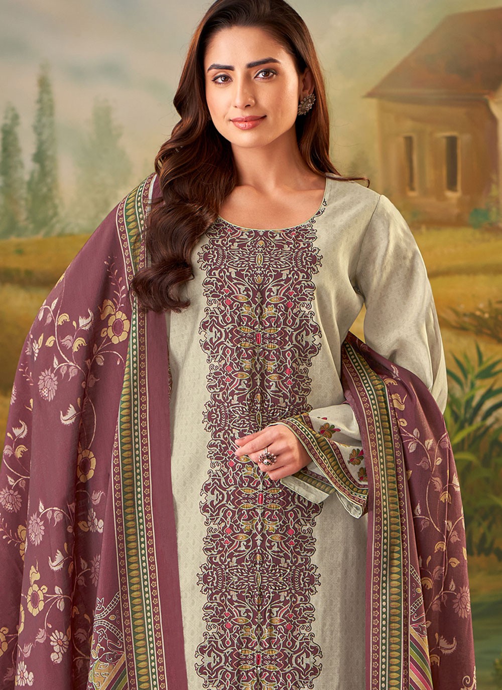 Digital Print Muslin Grey Pant Style Suit T6315
