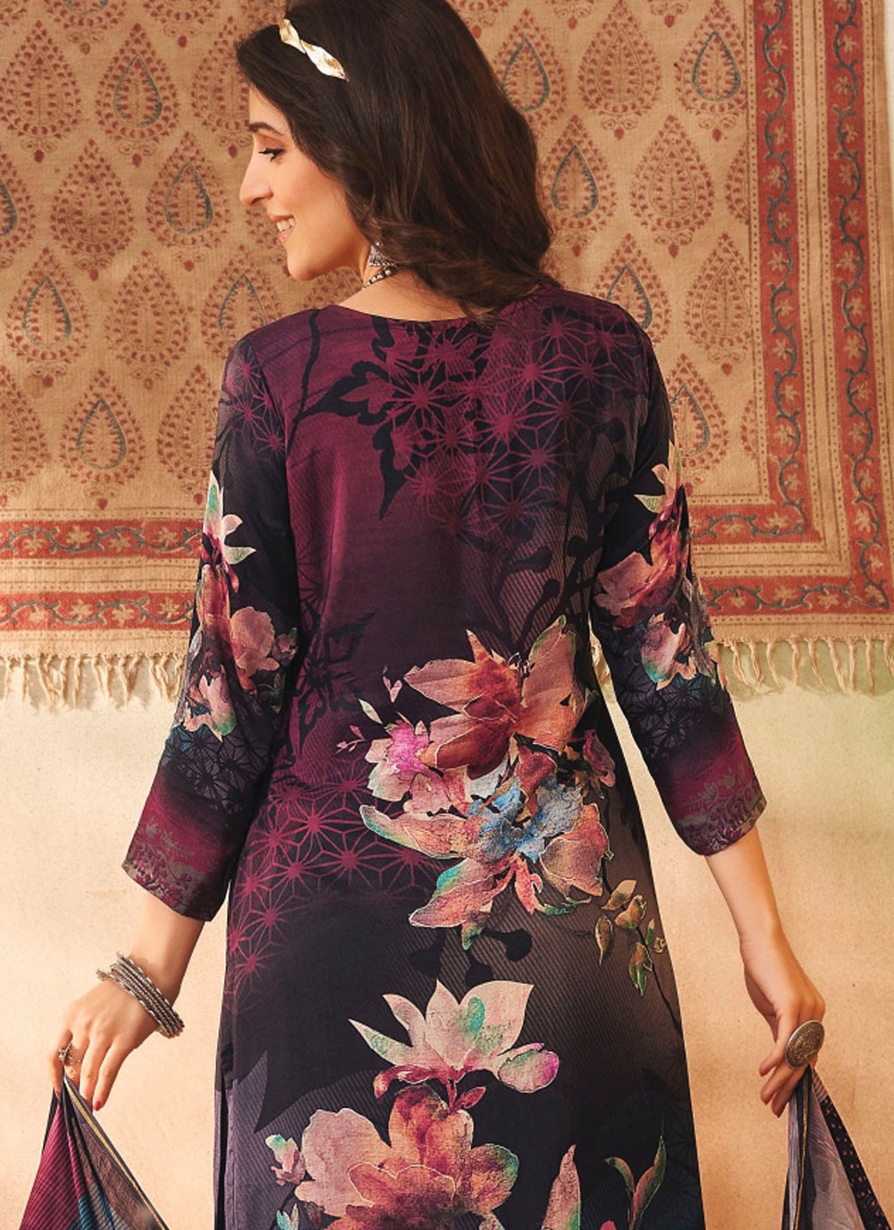 Pant Style Suit Digital Print Navy Blue Muslin T5490