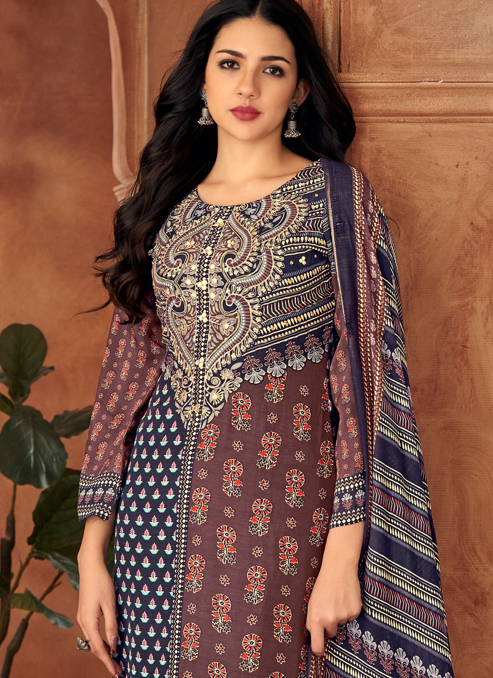 Digital Print Muslin Navy Blue Pant Style Suit T6375