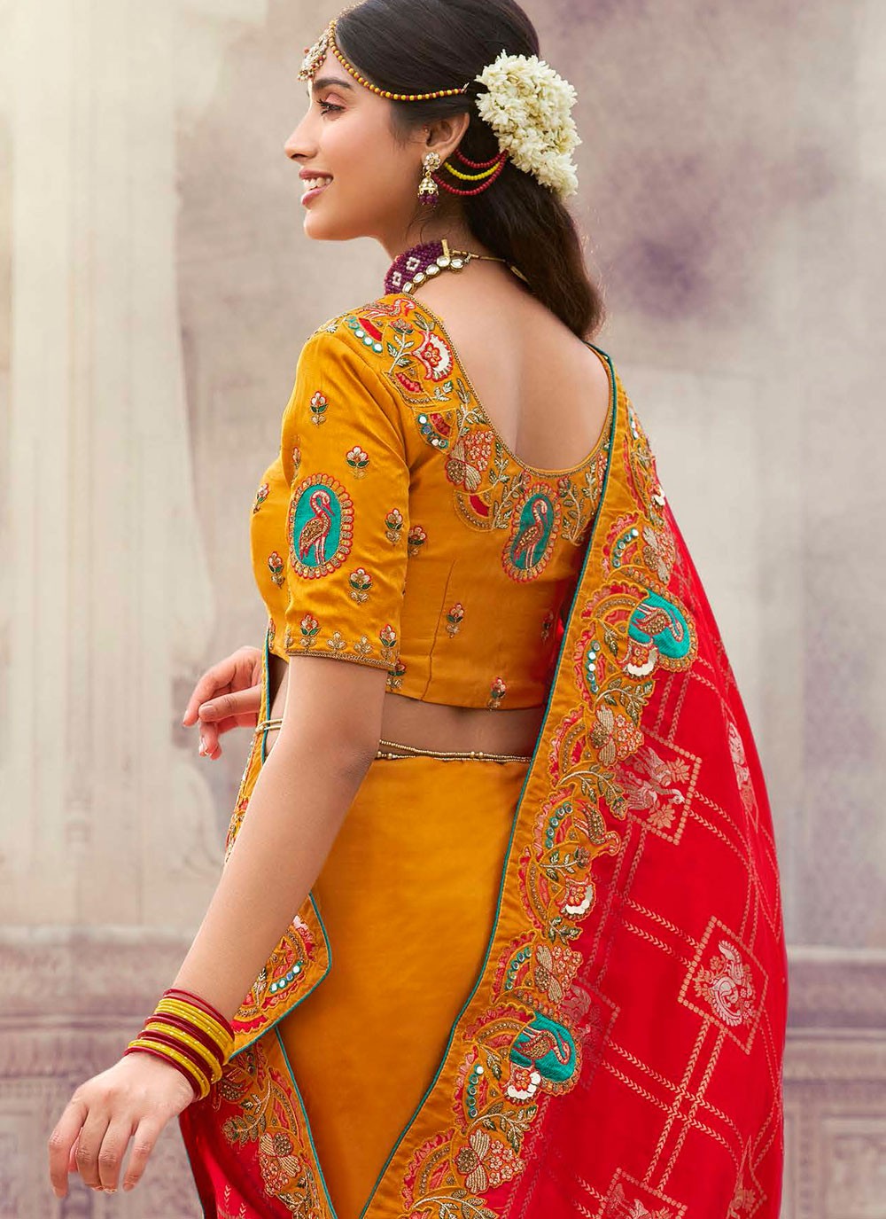 Embroidered Silk Mustard Contemporary Saree S15348
